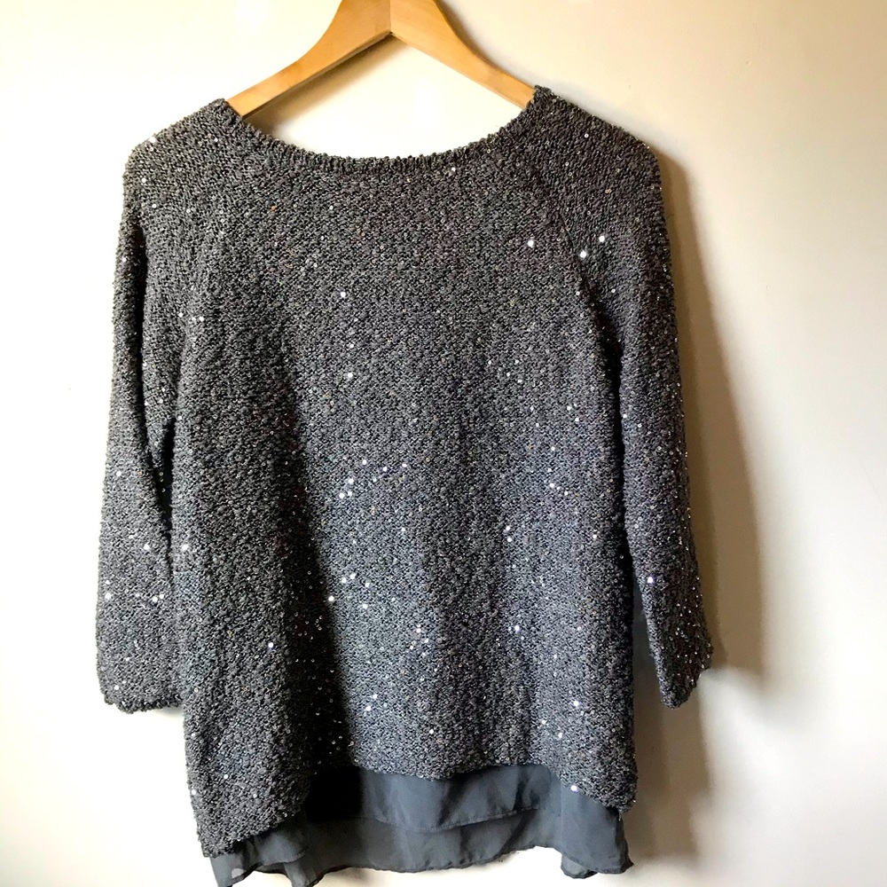 Zara Sparkle sequins knit top shirt gray long sleeves evening formal women M